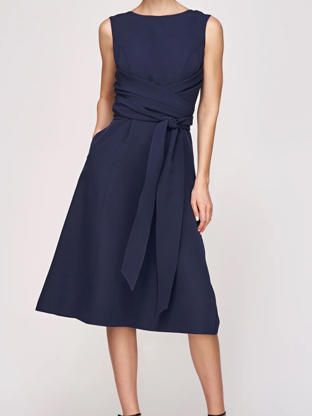 Kay Unger Josette Navy Tie Waist Fit Flare Midi Dress Size 6 NWT